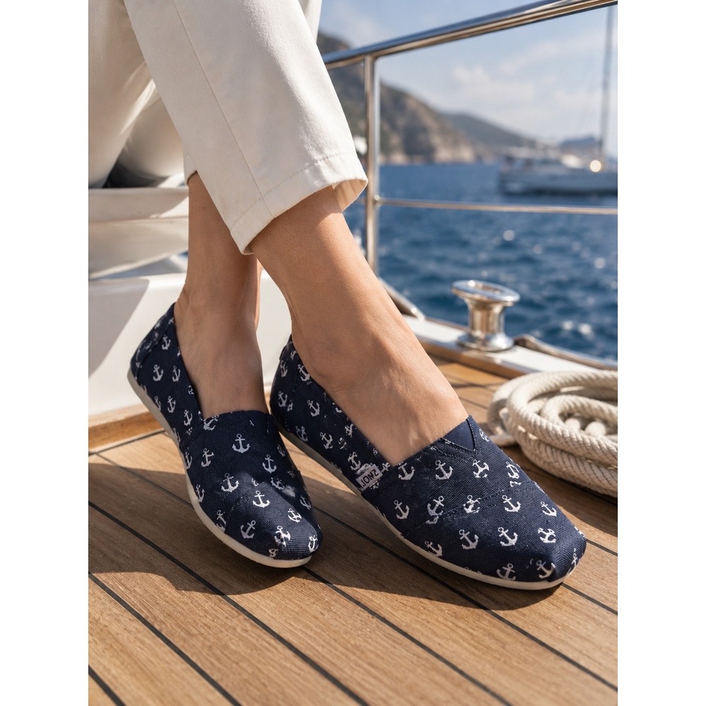 TOMS Womens Alpargata Navy Blue Canvas Anchor Print Slip‎ On Flats Size 6.5